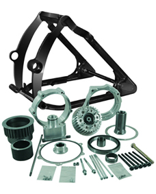 swingarm conversion kit 280/300 tire on 18×10.5 rim – 1″ axle – for 2014-17 twin cam softail with OEM brake caliper